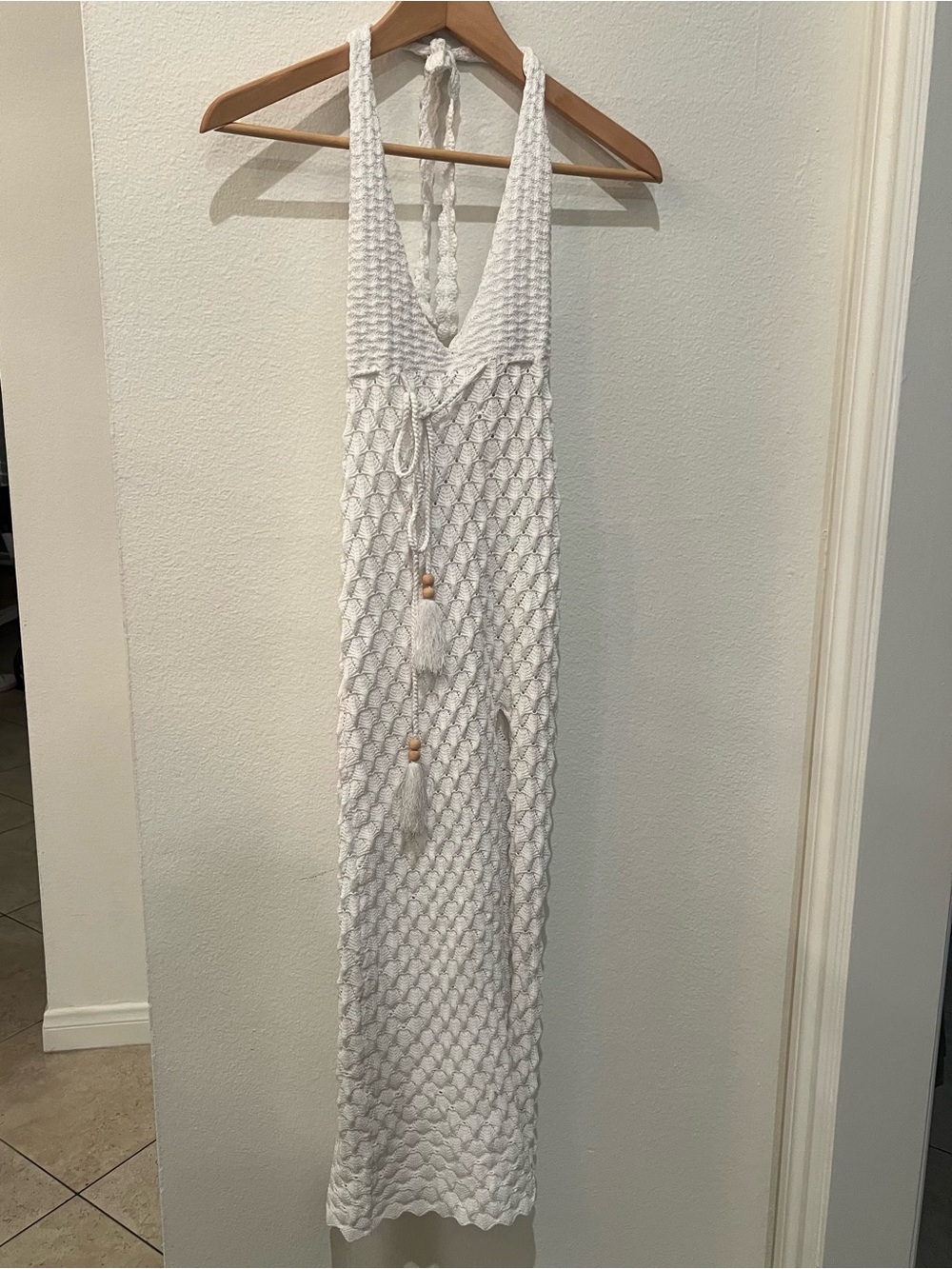 Olivaceous White Crochet Halter Maxi Dress with Tassel Tie